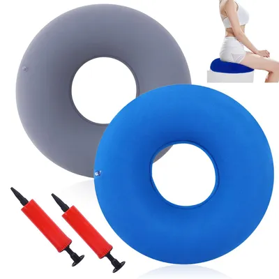 Produktbild von 2 Sitzkissen für Hämorrhoiden, 35 cm ringförmige Sitzringe, postoperative Sitzkissen mit Pumpe zur Linderung von Steißbeinschmerzen (grau und blau)