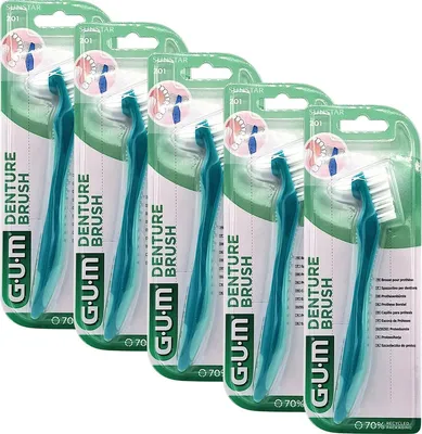 Produktbild von GUM Prothesenbürste mit harten Borsten und keilförmigem Kopf für schwer zugängliche Stellen, 5 Stück