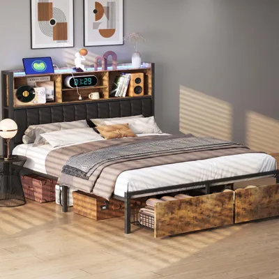Immagine prodotto di Letto imbottito INONEFT, struttura in metallo, 160x200 cm, con cassetti. Letto per ragazzi o matrimoniale con illuminazione LED e porta USB. Letto contenitore con rete a doghe, rivestito in PU, colore nero
