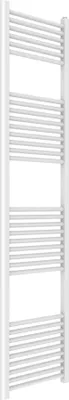 A white towel radiator with multiple horizontal tubes.