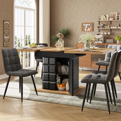 Image de okwish Table de cuisine pliante motif carreaux, extensible pour 4-6 personnes, tiroirs et étagère vin, meuble pour cuisine et salon – noir