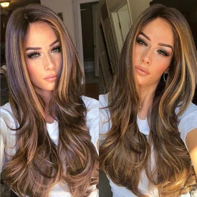 Produktbild von Hochtemperaturfaserbraun lange lockige Perücke Frauen Party Haarteil mit Haarnetz