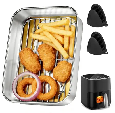 Produktbild von Edelstahl-Backform für Heißluftfritteusen – mit Tropfschale, Deckel und Griffen, Zubehör für Heißluftfritteusen von Ninja, Cosori und Philips, BPA-frei und geruchlos.