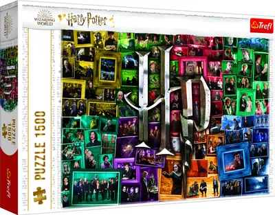 The image shows the packaging of a Harry Potter puzzle. The front of the box displays a collage of images from the Harry Potter movies, featuring characters and iconic scenes, with the puzzle's title and branding prominently displayed. The side of the box 