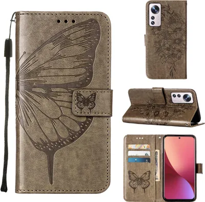 Produktbild von Xiaomi 12 Pro Hülle, Schmetterling Prägung Flip Leder Kartenfächer Schutzhülle Ledertasche mit Ständer für Xiaomi 12 Pro Grau