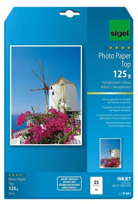 Zdjęcie produktu dla papier fotograficzny sigel InkJet Top, DIN A4, wysoki połysk, 125 g/m²