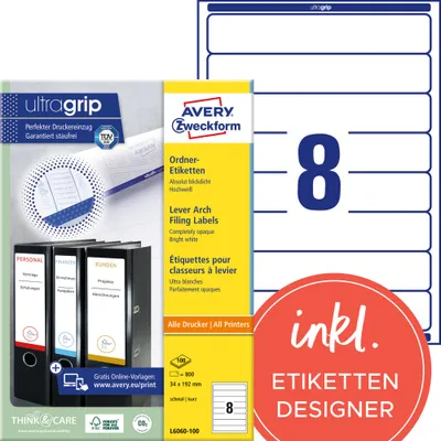 Produktbild von Avery Zweckform L6060-100 Ordner-Etiketten, A4 mit ultragrip, 34 x 192 mm, 100 Bogen/800 Etiketten, weiß