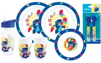 Image de Set Vaisselle Enfant Disney Lilo & Stitch, 6 Pièces, 2 Verres 220 ml, 2 Assiettes 22 cm, Assiette Creuse 16 cm, Gourde 350 ml