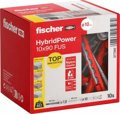 Obrázok produktu pre fischer HybridPower, 10x90, plastové hmoždinky s kovovou zložkou, FUS, balenie po 25 ks.