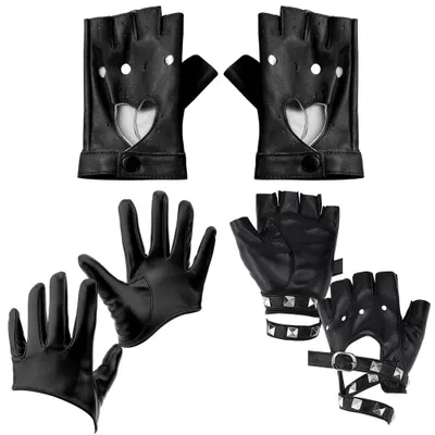 Imagen del producto de 3 pares de guantes góticos steampunk, hechos de cuero sintético (PU), color , sin dedos, con cobertura parcial de la palma, diseño con forma de corazón, ideales para conducir, practicar deportes al aire libre y para disfraces