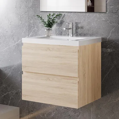 Produktbild von 60 cm Badmöbel-Set Unterschrank mit dick Keramik waschtisch 2 Schubladen soft-close Eiche Matt Selbstmontierter