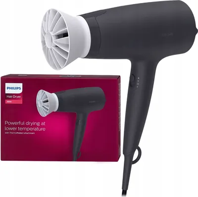 A Philips hair dryer and its packaging are shown against a white background.