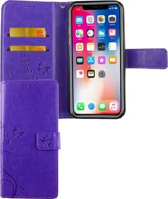 Productafbeelding van Apple iPhone XS telefoonhoesje, beschermende tas, hoesje, flip-case met kaarthouder, paars