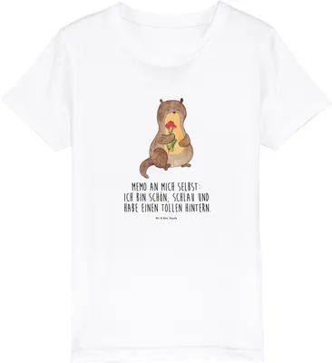 Produktbild von Mr. & Mrs. Panda Kleinkinder T-Shirt Otter Blumenstrauß 3-4 Jahre (98/104) - Weiß - Geschenk, Kurzarm Kinder, Baumwoll, Kindershirt, Bio, Süß, Teenager, Achtsamkeit