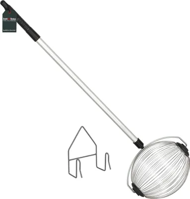 A product shot of a nut collector with an adjustable handle and a small wire stand.