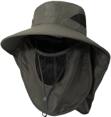 Produktbild von Unyqoos® Breiter Sommer-Sonnenhut mit UPF 50 UV-Schutz, abnehmbarem Gesichts- und Nackenschutz, Kinnriemen, Nylon, atmungsaktiv, schnell trocknend, faltenbar, 55–60 cm