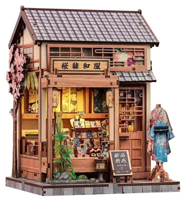 Produktbild von 3D Holzpuzzle Miniatur Haus Sakura Kimono Shop Bausatz mit LED Beleuchtung