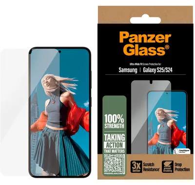 Zdjęcie produktu dla PanzerGlass ® Screen Protector Samsung Galaxy S25 | S24 | Ultra-Wide Fit, Samsung, Samsung - Galaxy S25, Samsung - Galaxy S24 5G, Aplikacja na sucho, Odporny na zadrapania, Odporny na wstrząsy, Przezroczysty, 1 szt.
