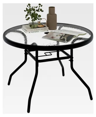 Produktbild von Gartentisch, Ø 70 cm Beistelltisch für den Außenbereich mit Schirmloch und Glasplatte, runder Tisch für Terrasse, Balkon und Garten