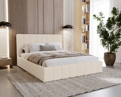 Obrázek produktu pro BESILIO Čalouněná postel Boucle 180x200 Lexy - lamelový rošt, čelo, úložný box, úzká postel - Ecru
