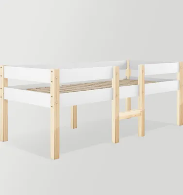 A white and wood loft bed with a ladder against a white background.