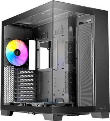 A black computer tower case with a glass side panel, showing internal components and a colorful fan.