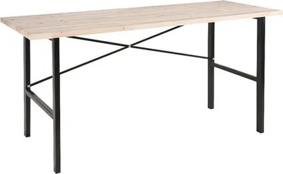 A light-colored wooden table with black metal legs against a white background.