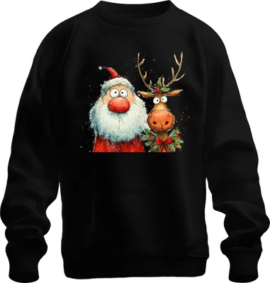 Produktbild von Lustiger Weihnachtsmann und Rentier Aquarell Weihnachten Geschenk Uni Sweatshirt Pullover, Schwarz, 3XL