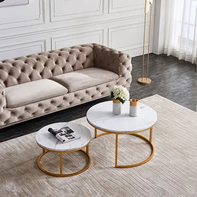 Obrázok produktu pre Konferenční stolík Fortuna Lai Set of 2 White Gold Marble Optics Sofa Table Round Modern