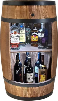 Produktbild von Holzfass Hausbar mit LED-Leuchten - Weinschrank im Retro Stil - Weinfass Bar - Weinregal Holz - Holzbar 80cm hoch - Nadelbaumholz - Fassbar Stehtisch und Flaschenständer (Wenge)