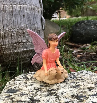 Imagen del producto de Miniatura de una hada del jardín con un cachorro, resistente a la intemperie, de colores, para decorar el jardín