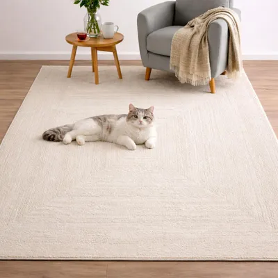 A cat is lying on a cream-colored rug in a living room setting, with a chair and side table visible.