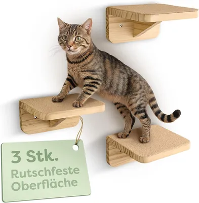 Productafbeelding van Klimwand voor katten - set van 3 - grenenhout - beige - kattentrap en wandligplek