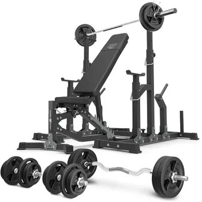 Immagine prodotto di Marbo Sport - Set MS11_2.0_113KG | Panca pesi regolabile bifacciale + cavalletti regolabili + barra e piatto pesi 113 kg