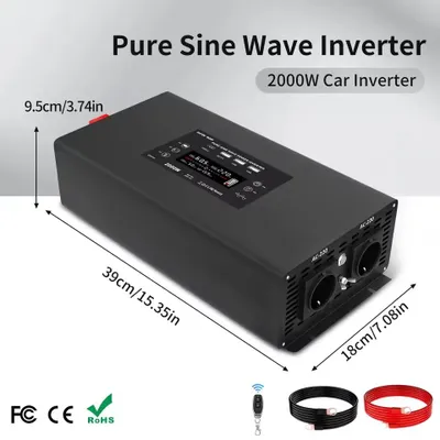 Image de Onduleur pour voiture 2000 W - 12 V DC vers 220 V AC - Onduleur à onde sinusoïdale pure - Puissance de crête de 4400 W - 50 Hz - Prise européenne - USB-C/QC3.0