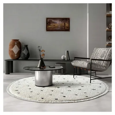 Produktbild von Bahar Kids Langflor Teppich für das Kinderzimmer, Punkte Muster in Creme-Schwarz, Weich und Pflegeleicht, Spielteppich, Rund mit 120 cm Durchmesser
