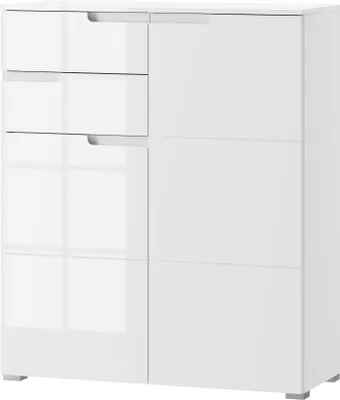 A white sideboard with two doors and three drawers, shown from a front-side angle.