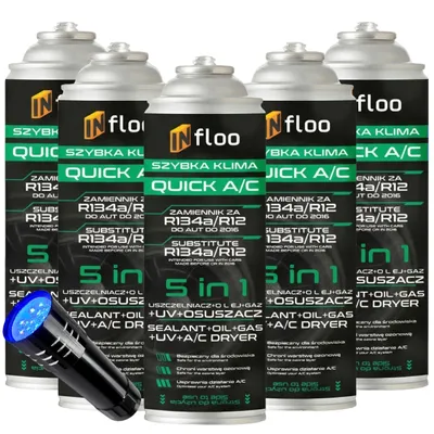 Produktbild von INfloo Quick A/C R134a 5in1 – 5×205 g – R134a Kältemittel-Ersatz mit Öl, Dichtmittel, UV-Farbstoff und Trockner + UV-Taschenlampe