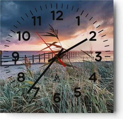 Produktbild von Wanduhr - Quadrat - Glasuhr - Strand Gras Horizont - 30x30cm - Schleichendes Uhrwerk - Lautlos - zum Aufhängen bereit - Dekoration Modern - Wanddekoration aus Glas - C4AC30x30-4625