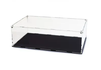 A clear acrylic display case with a black base, shown from a slightly elevated side angle against a white background.
