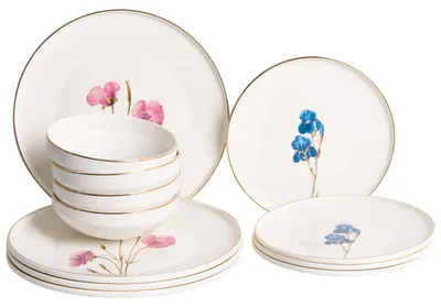 Produktbild von BELIANI Tafelservice 12-teilig Weiß Porzellan Handgefertigt Glasur für 4 Personen Blumenmotiv Goldener Rand Teller Schüsseln Geschirrset Esszimmer