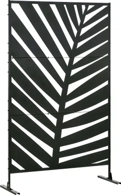 Zdjęcie produktu dla Parawan balkonowy Outsunny, przegroda pokojowa z wzorem liścia bananowca, 122 x 198 cm ścianka działowa ze stojakiem Przegroda pokojowa do ogrodu, tarasu, stalowa, czarna