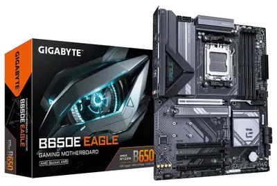 Produktbild von GIGABYTE B650E EAGLE Mainboard – AMD Ryzen 9000 Series CPUs, 8+2+2-Phasen-VRM, bis zu 8200 MHz DDR5 (OC), 1× PCIe 5.0 + 2× PCIe 4.0 M.2, 2.5-GbE-LAN, USB 3.2 Gen 2, AMD, Sockel AM5, AMD Ryzen 7000 Series, AMD Ryzen 8000 Series, AMD Ryzen 9000 Series, Sockel AM5, DDR5-SDRAM, 256 GB