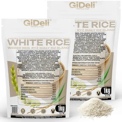 Productafbeelding van Witte langkorrelige rijst, 2 kg. Gepolijste, natuurlijke rijst, geschikt voor consumptie. Bijgerecht, koken. Merk: GiDeli