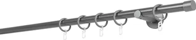 A close-up view of a curtain rod with rings.