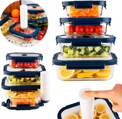 Zdjęcie produktu dla SuperButelki - Zestaw pojemników na żywność + POMPKA, 4 sztuki, 370ml, 640 ml, 1000ml, 1500ml, LUNCHBOX, próżniowe i szklane
