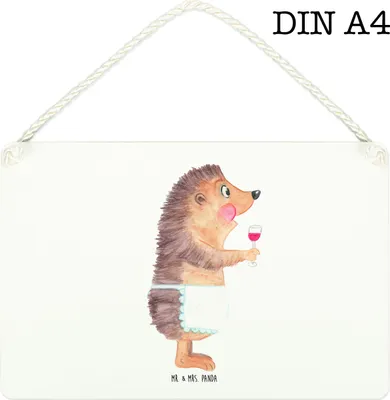 Produktbild von Mr. & Mrs. Panda Schild Igel Wein DIN A4 - Weiß - Geschenk, Wandbild Holz, Deko, Lustige Sprüche, Türschild, Weinliebhaber, Rotwein, Dekoschild, Weißwein, holzbild