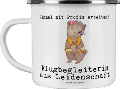 Produktbild von Mr. & Mrs. Panda Teebecher Flugbegleiterin Leidenschaft - Weiß - Geschenk, Stewardess, Spruch, Emaille Tasse, emaillebecher, Kaffeepott, Teetasse, Witzig, Pott, Lustig