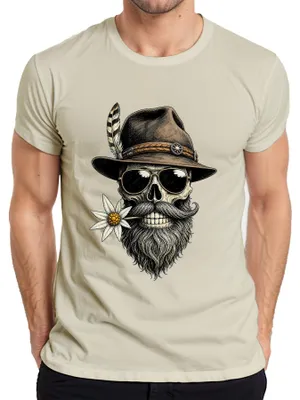 Obrázok produktu pre Totenkopf (lebka), Bart (fúzy), Edelweiss (edelvajs), Trachtenhut (tradičný klobúk), , Lederhose (kožené nohavice), Dirndl (tradičné šaty), pánske tričko, farba: prírodná, veľkosť: M