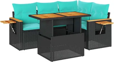 Produktbild von vidaXL 5tlg. Garten-Sofagarnitur mit Kissen Schwarz Poly Rattan Akazie